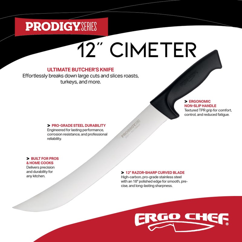 Ergo Chef Prodigy Series 12-Inch Cimeter Breaking Knife - High Carbon Stainless Steel Butcher Knife with Curved Blade, Ergonomic Non-Slip Handle, Black - Image 2